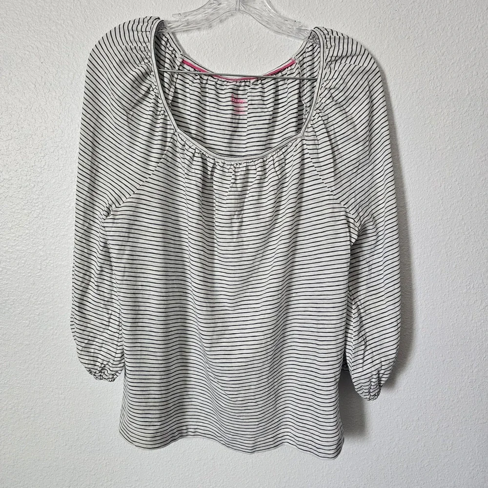 Boden Womens Striped Scoop Neck Slub Knit Blouse Navy White Pink Trim Size M